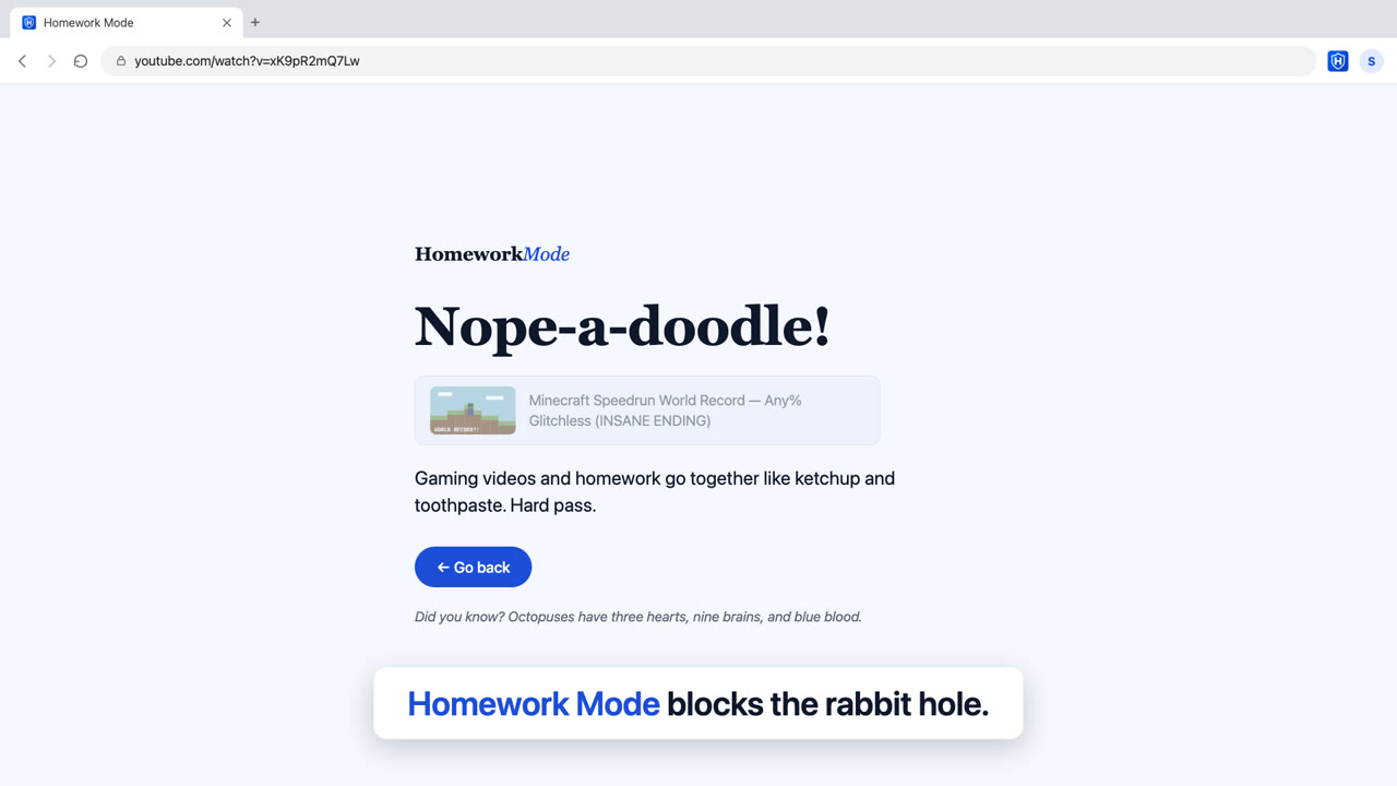 Homework Mode blocked screen shown instead of a gaming video on a school Chromebook